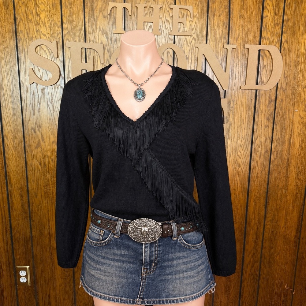 Black Fringe V-Neck Sweater Vivanti Women M Y2K Western Goth Dark Boho Knit Top